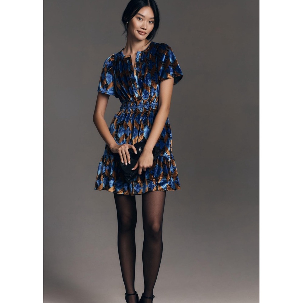 Anthropologie Blue and Brown Printed Mini Dress
